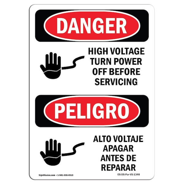 Safety Sign, OSHA Danger, 5" Height, High Voltage Turn Power Off Spanish, 10PK
